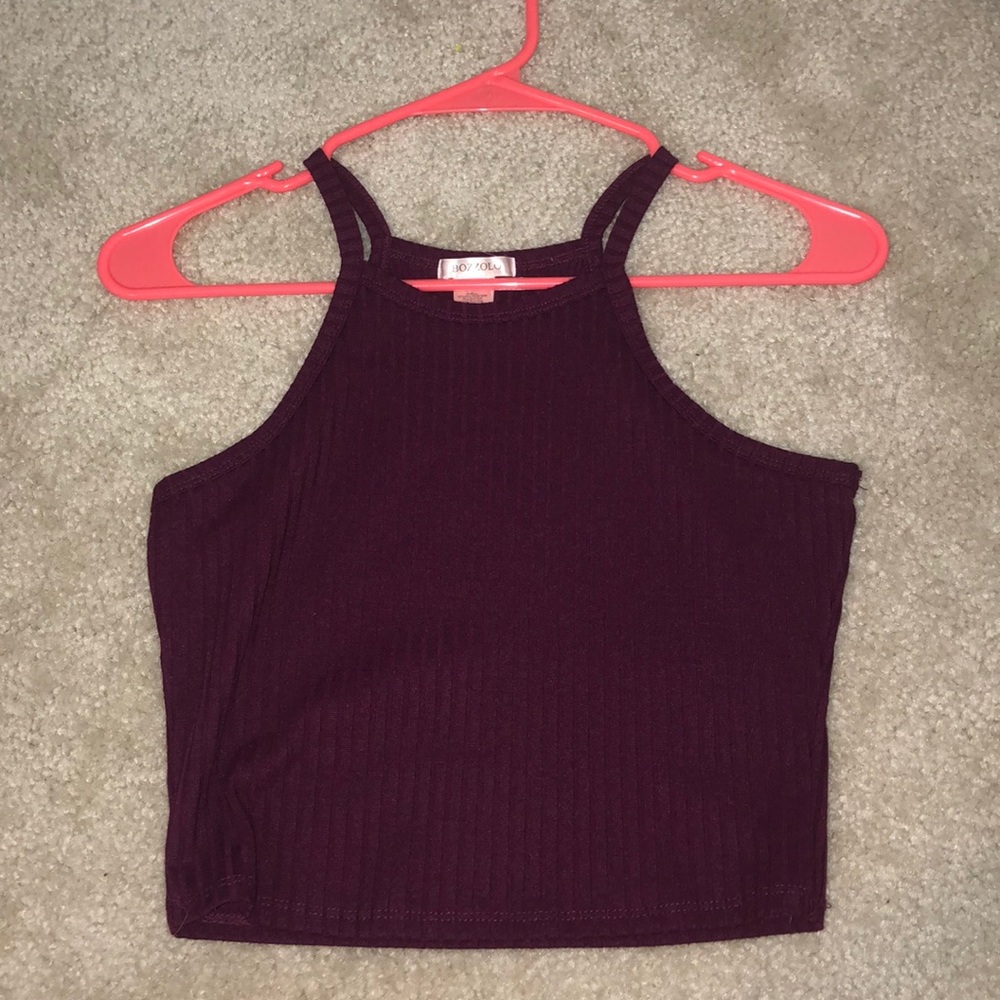 A burgundy crop top